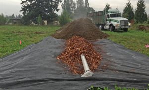 Pile being formed, with perforated pipe, a layer of wood chips to improve airflow, and dairy solids dropped by truck.